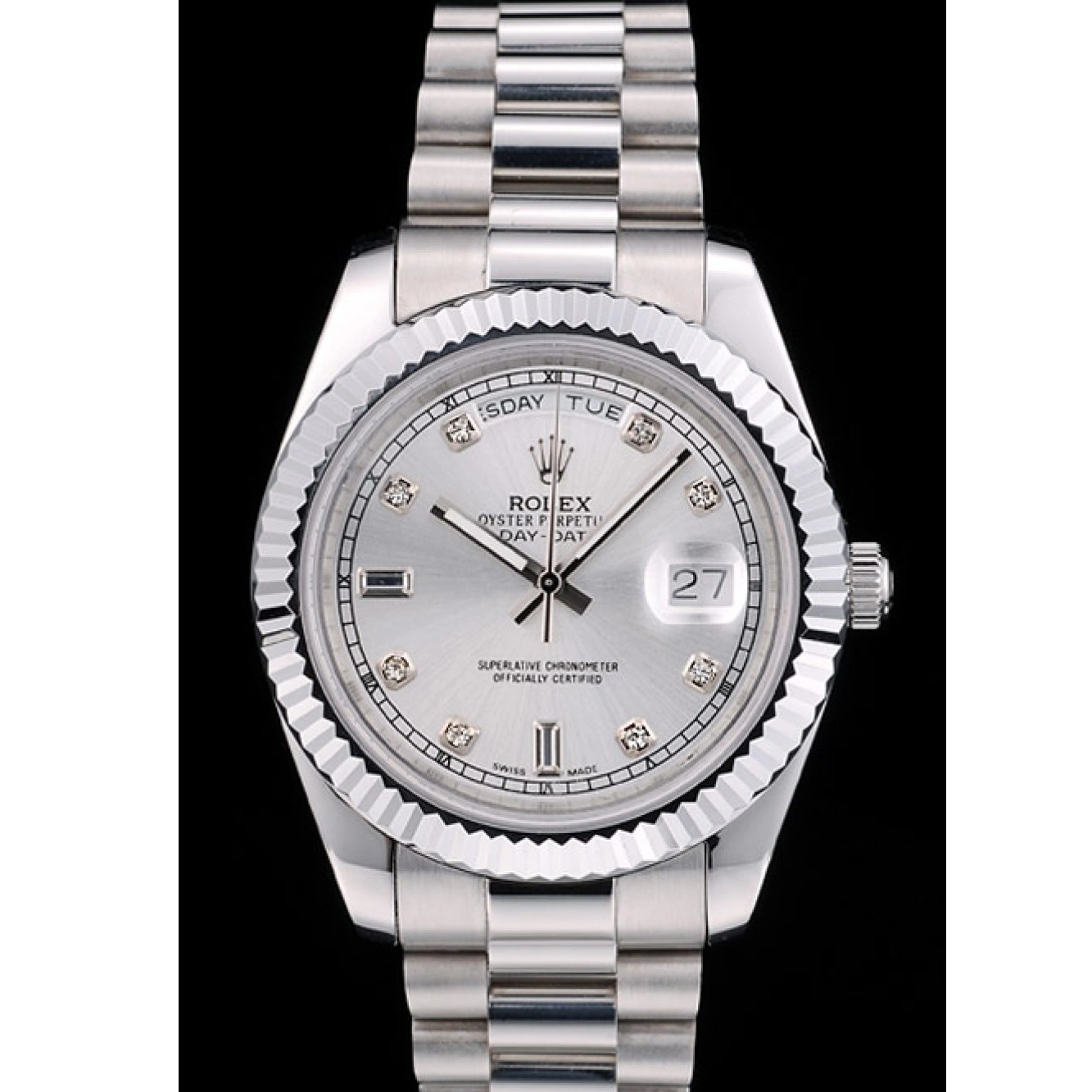 Aaa replica watch Rolex 41995 Dial Silver DayDate Ribbed Steel Bezel Stainless Swiss 0725